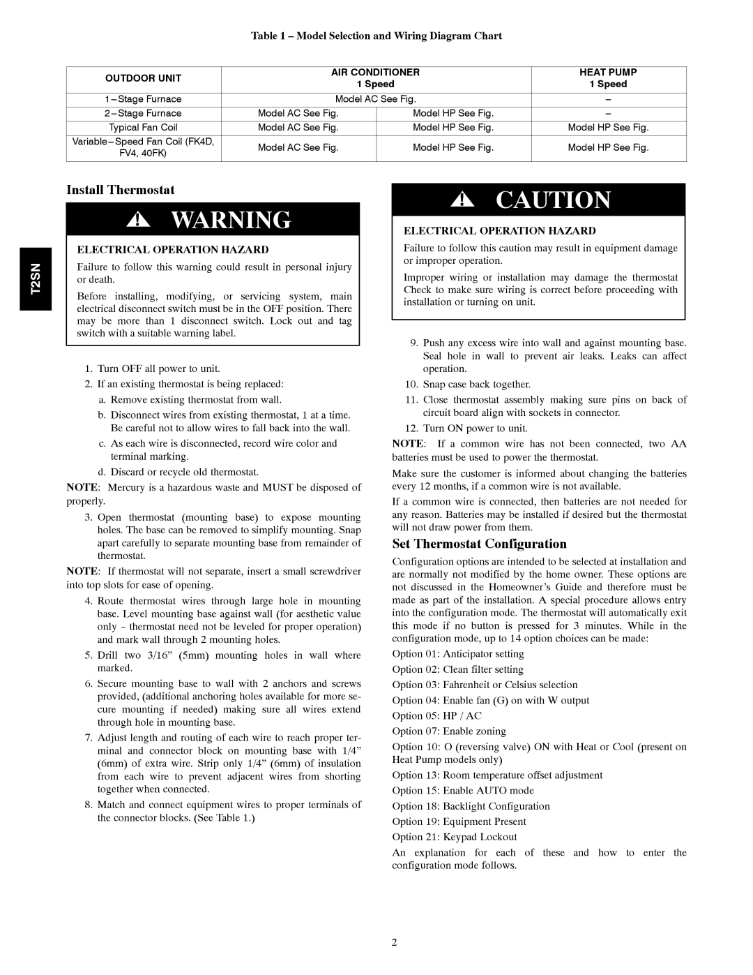 Bryant T2SNAC01, T2SNHP01 Install Thermostat, Set Thermostat Configuration, Model Selection and Wiring Diagram Chart 