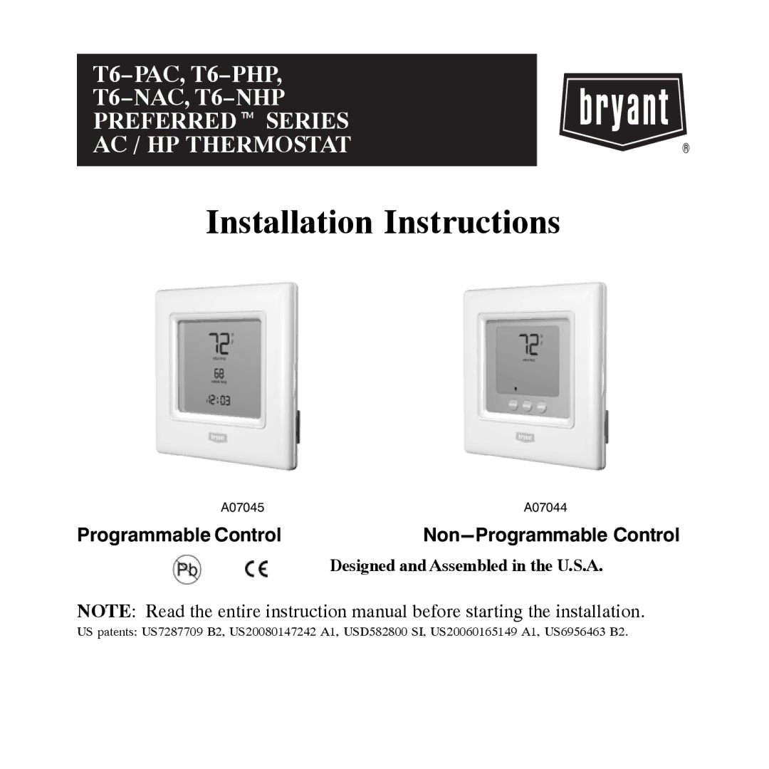 Bryant T6-NAC, T6-PAC, T6-NHP, T6-PHP installation instructions Installation Instructions 