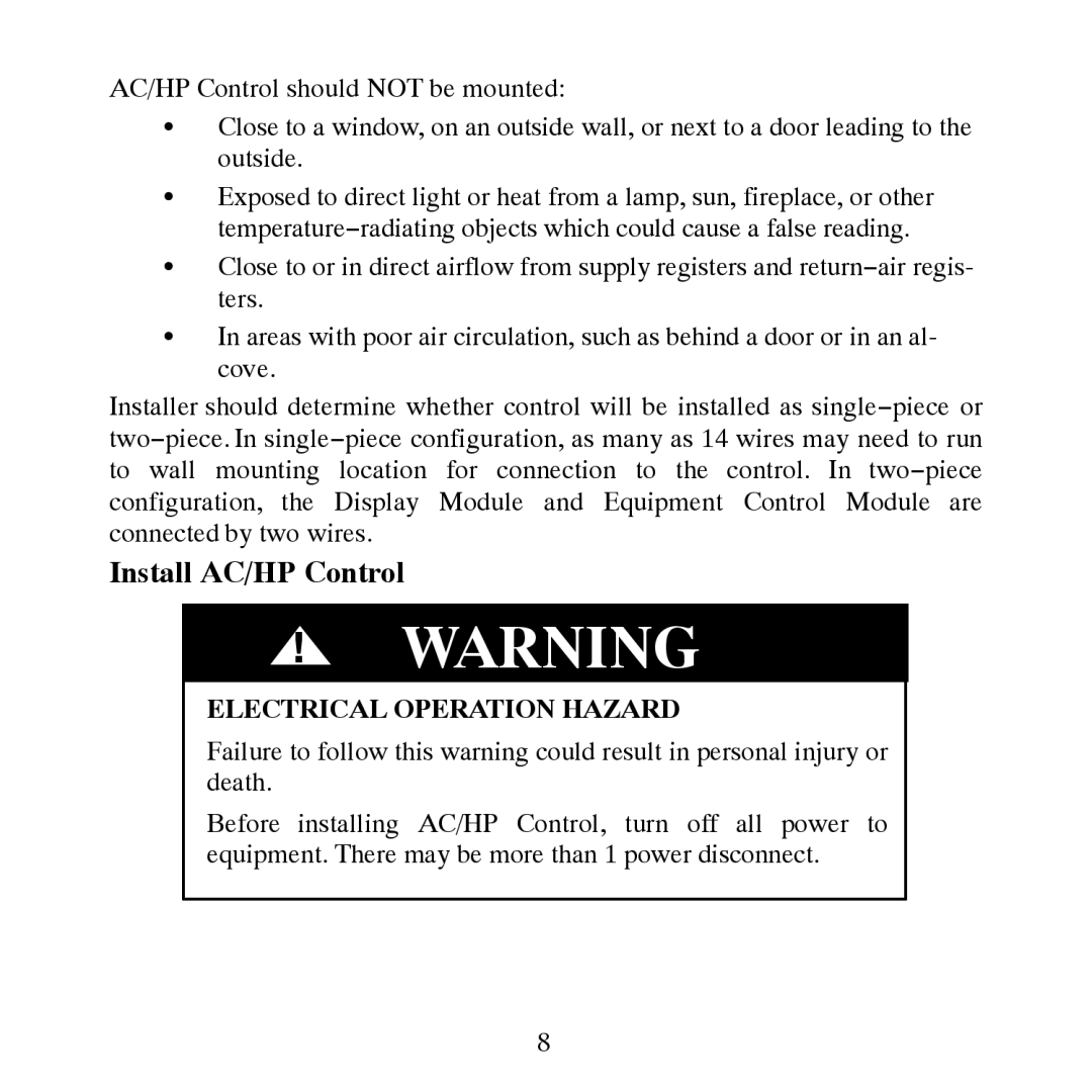 Bryant T6-NHP, T6-PAC, T6-NAC, T6-PHP installation instructions Install AC/HP Control, Electrical Operation Hazard 