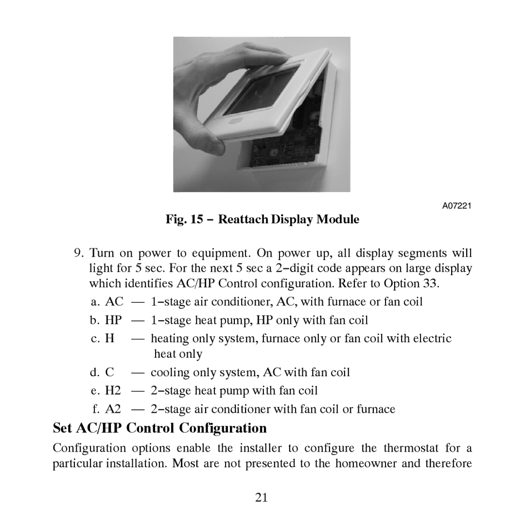 Bryant T6-PHP, T6-PAC, T6-NAC, T6-NHP installation instructions Set AC/HP Control Configuration, Reattach Display Module 