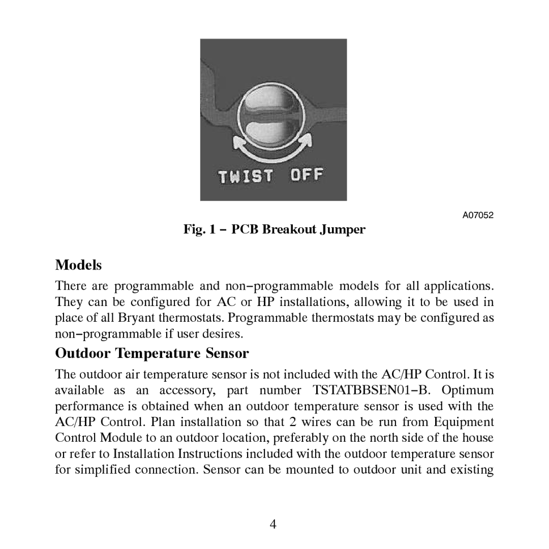 Bryant T6-NHP, T6-PAC, T6-NAC, T6-PHP installation instructions Models, Outdoor Temperature Sensor 