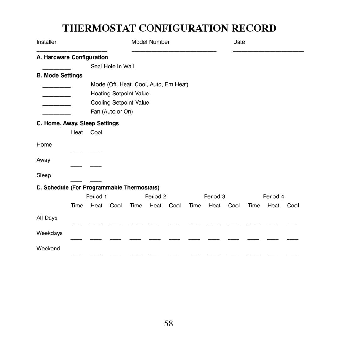 Bryant T6-PAC, T6-NAC, T6-NHP, T6-PHP installation instructions Thermostat Configuration Record, Mode Settings 