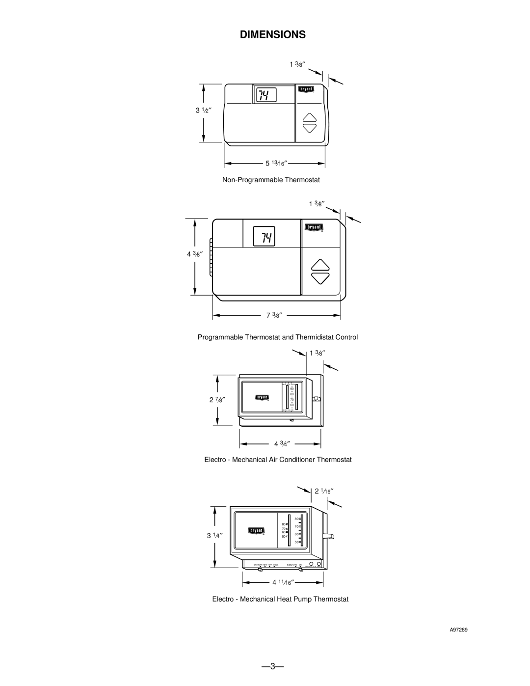 Bryant TSTAT warranty Dimensions 