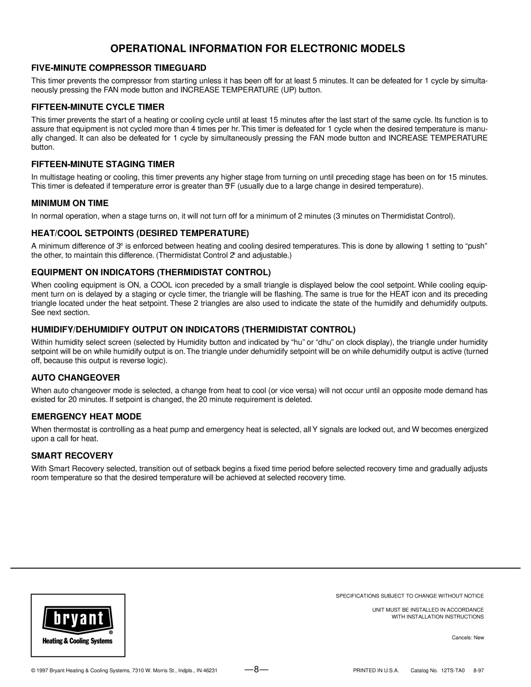 Bryant TSTAT warranty Operational Information for Electronic Models 