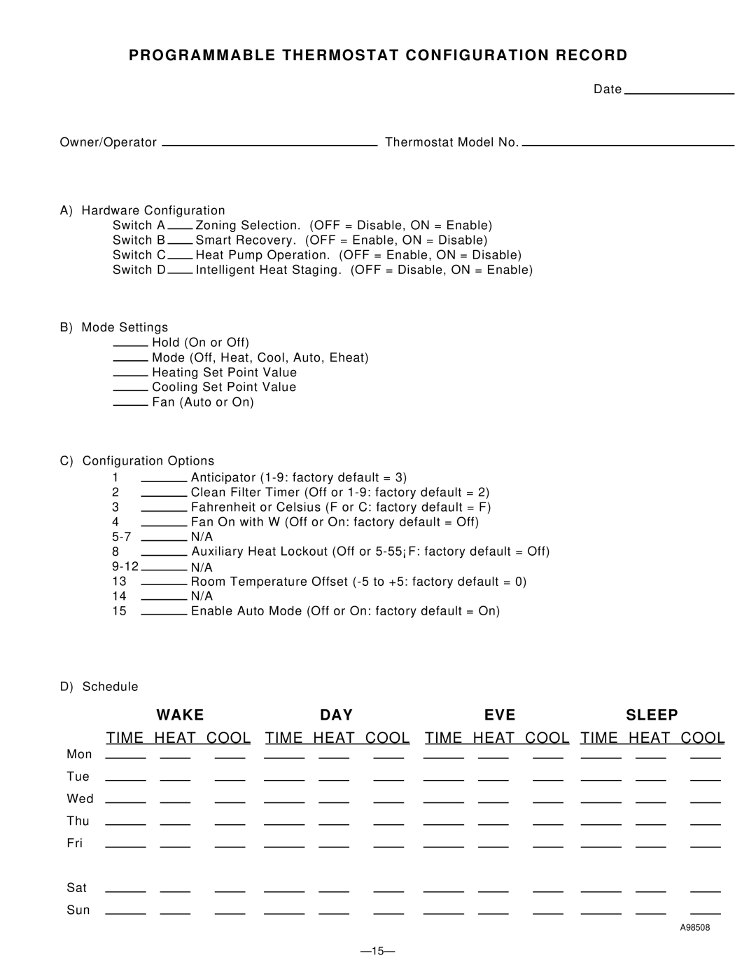 Bryant TSTAT instruction manual Programmable Thermostat Configuration Record 