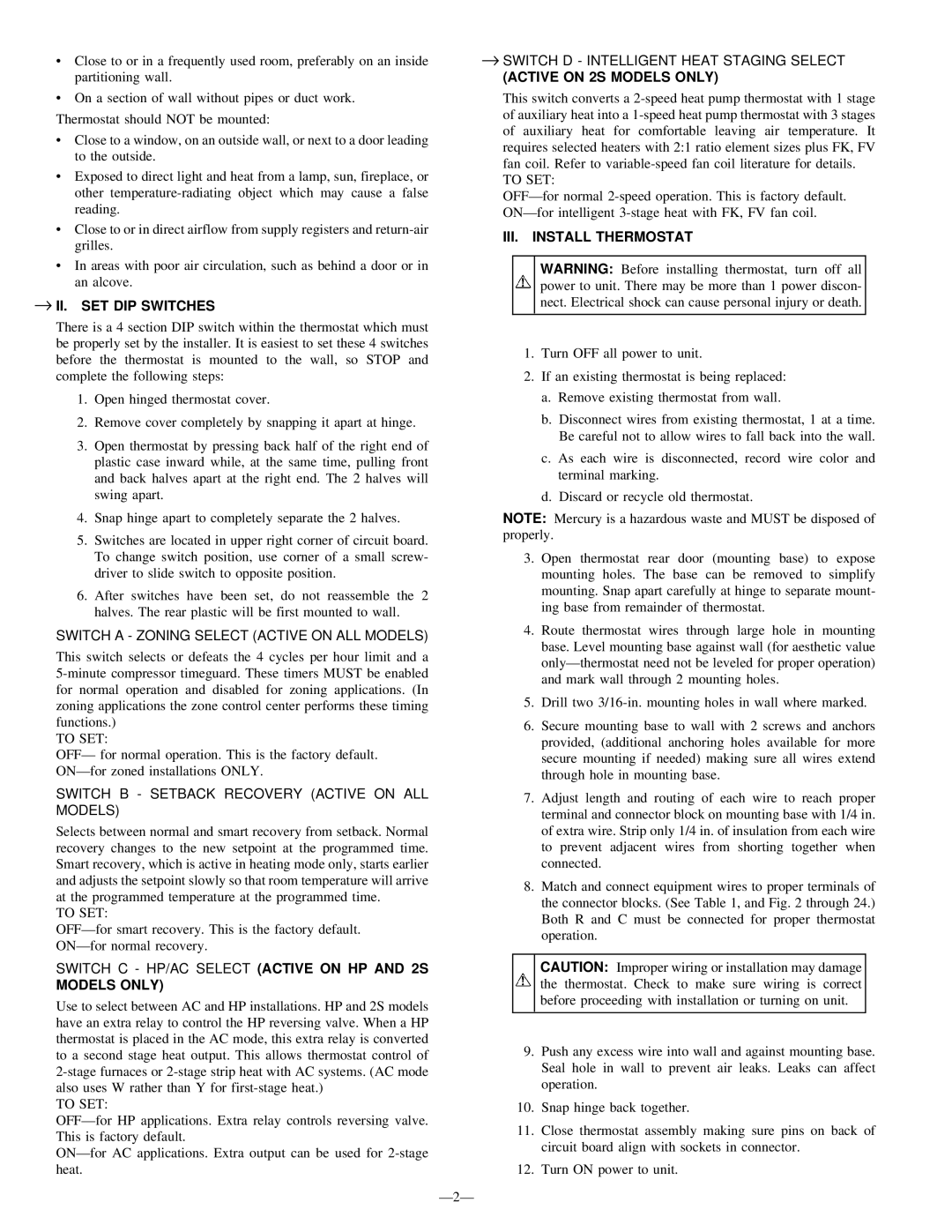 Bryant TSTAT instruction manual → II. SET DIP Switches, Active on 2S Models only, III. Install Thermostat 