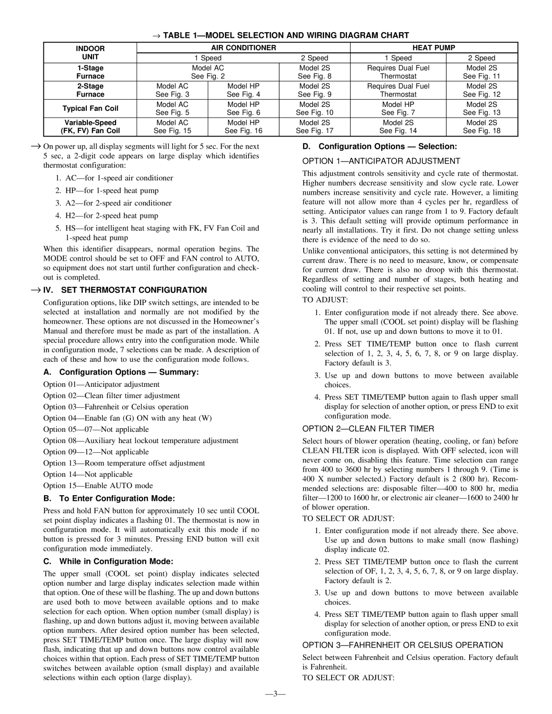 Bryant TSTAT → Ðmodel Selection and Wiring Diagram Chart, → IV. SET Thermostat Configuration, Option 2ÐCLEAN Filter Timer 