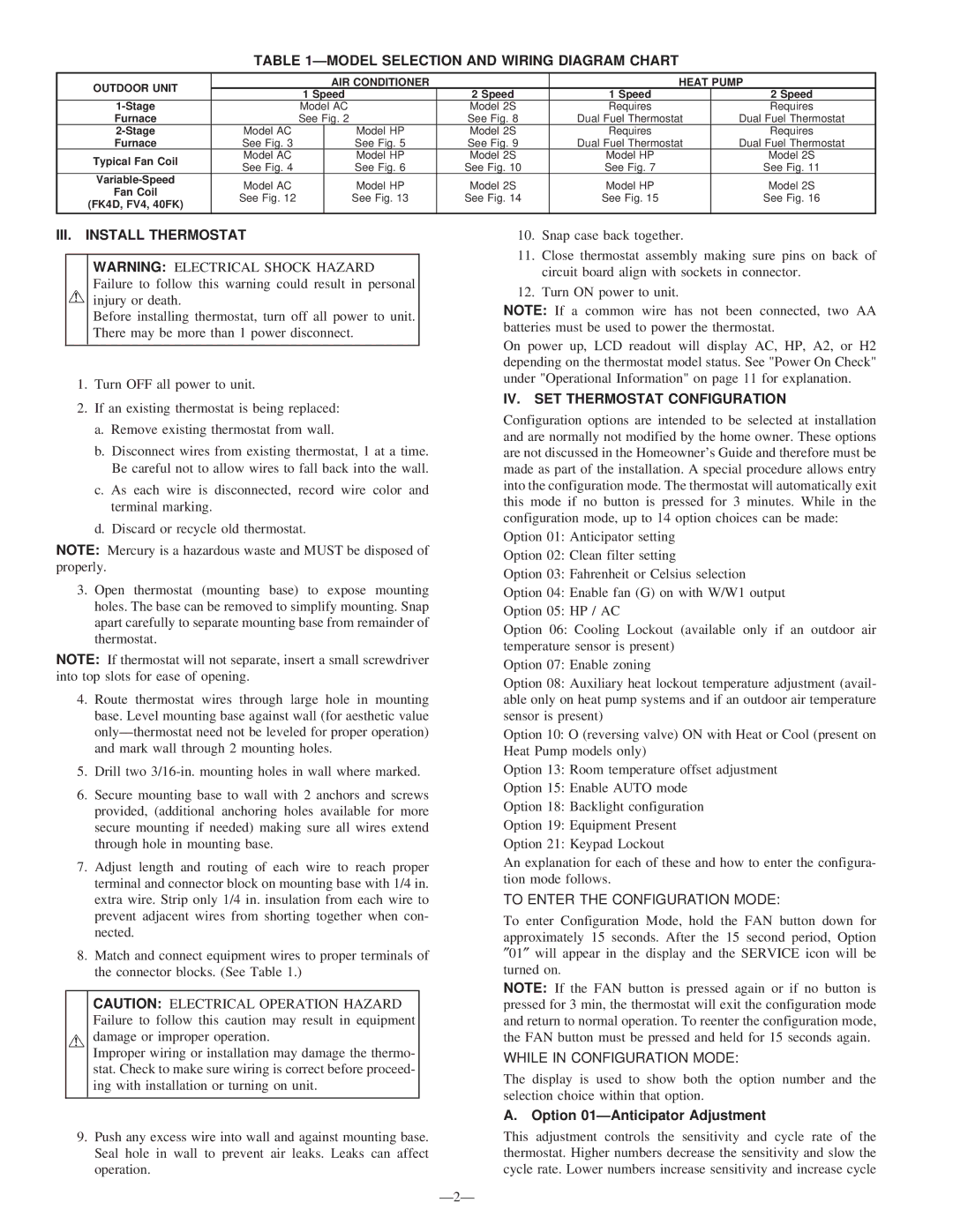 Bryant TSTATBBNAC01-C Model Selection and Wiring Diagram Chart, III. Install Thermostat, IV. SET Thermostat Configuration 