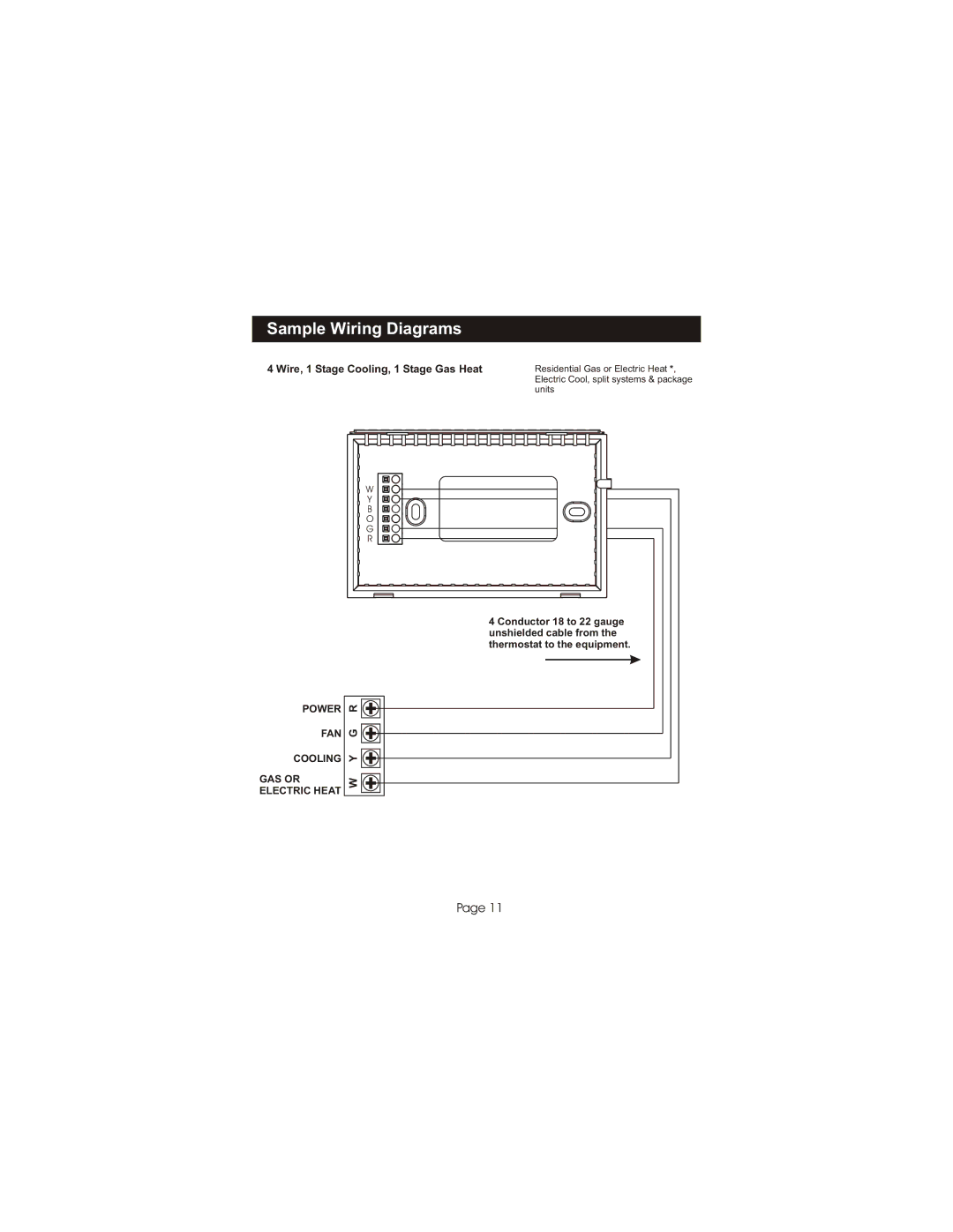 Bryant TSTATBBNQ001 manual Sample Wiring Diagrams, Wire, 1 Stage Cooling, 1 Stage Gas Heat 