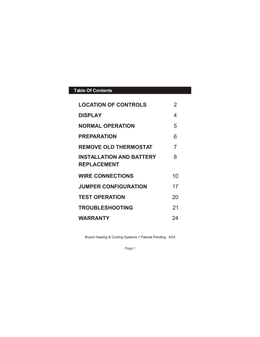 Bryant TSTATBBNQ001 manual Table Of Contents 