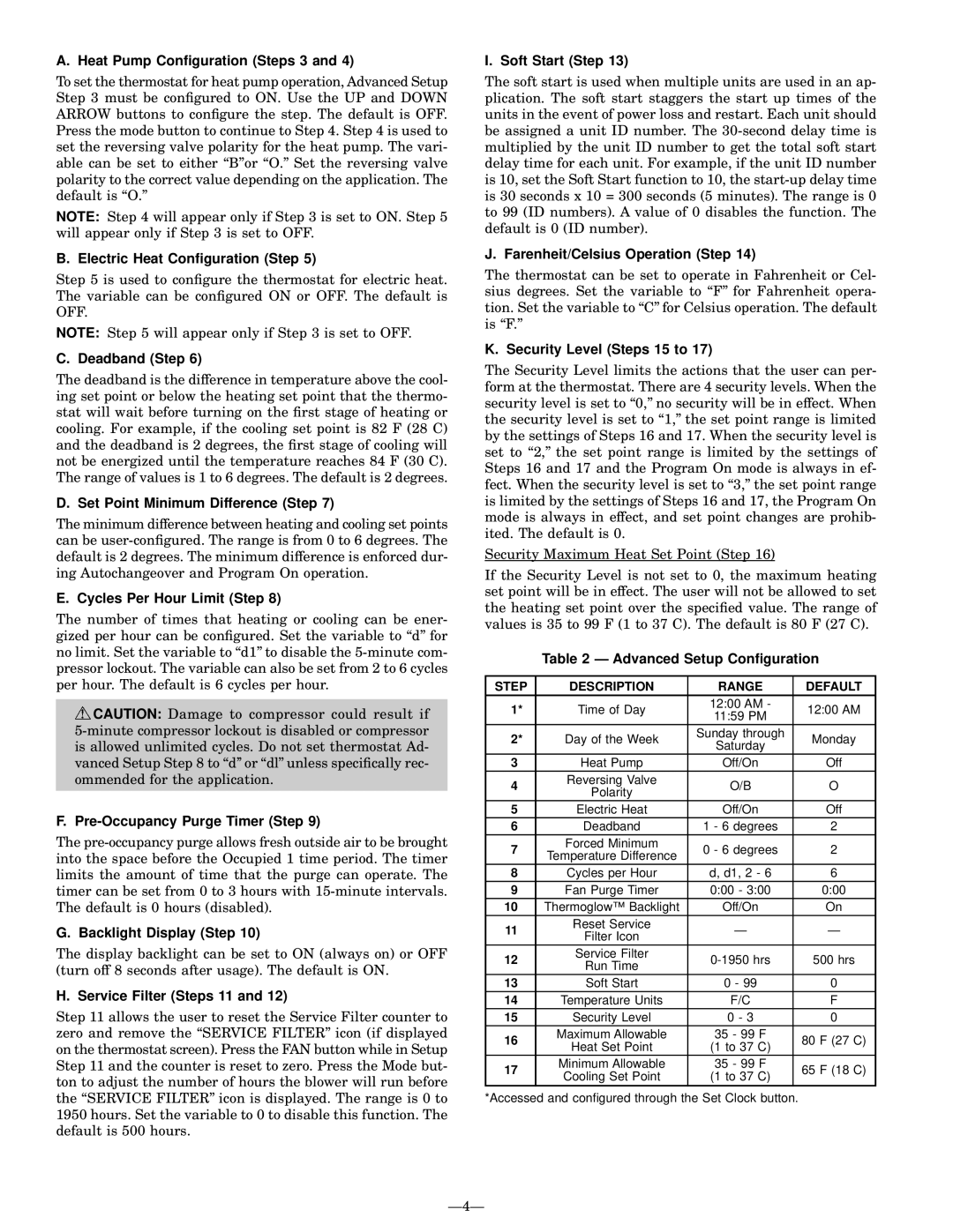 Bryant TSTATBBP250-LA Heat Pump Conguration Steps 3, Electric Heat Conguration Step, Deadband Step, Backlight Display Step 