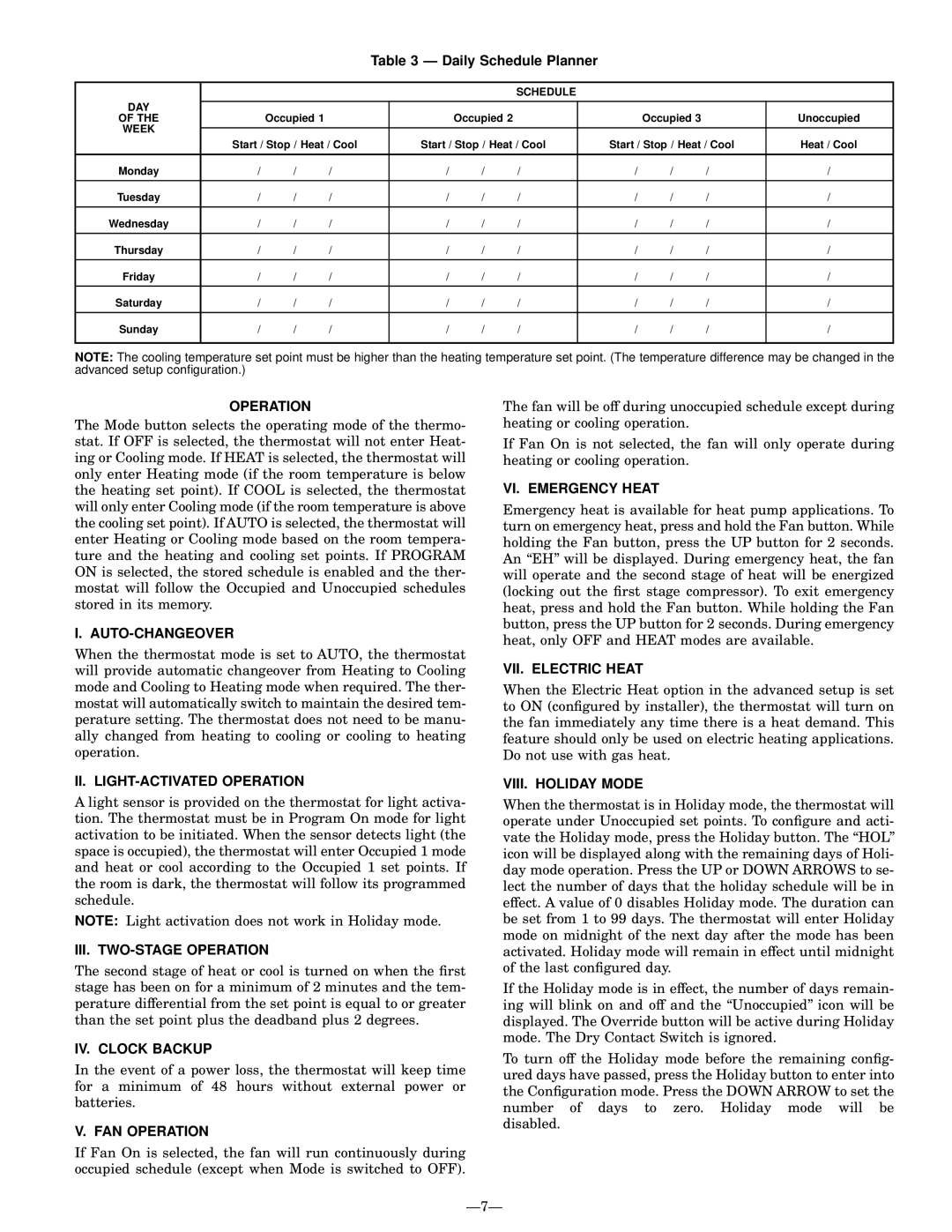 Bryant TSTATBBP250-LA Auto-Changeover, II. LIGHT-ACTIVATED Operation, III. TWO-STAGE Operation, IV. Clock Backup 