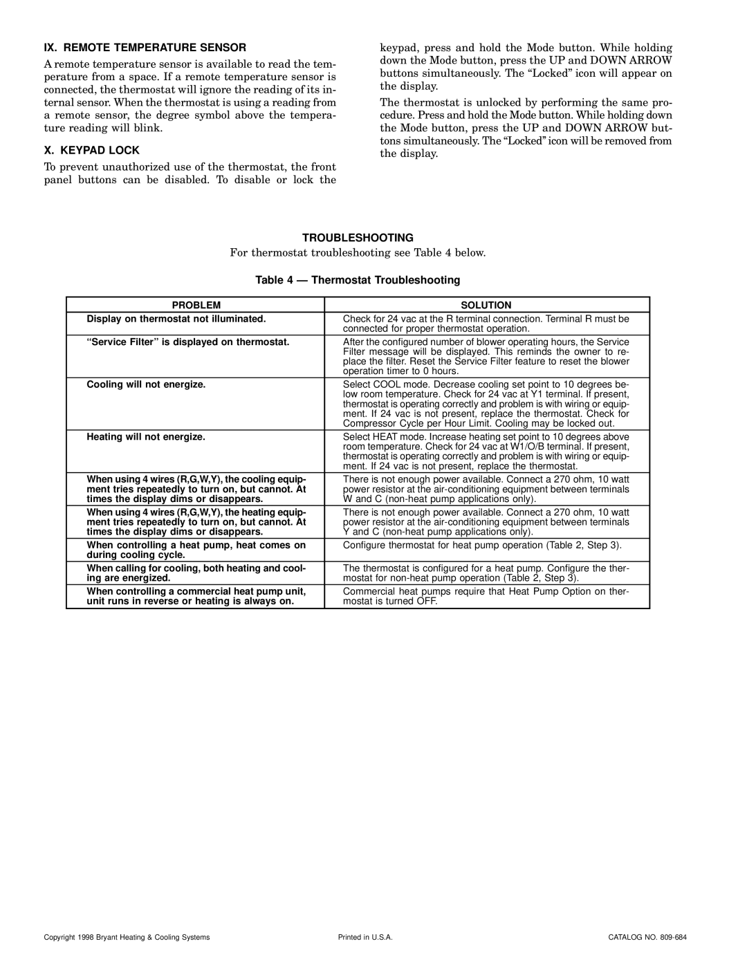 Bryant TSTATBBP250-LA IX. Remote Temperature Sensor, Keypad Lock, Thermostat Troubleshooting, Problem Solution 