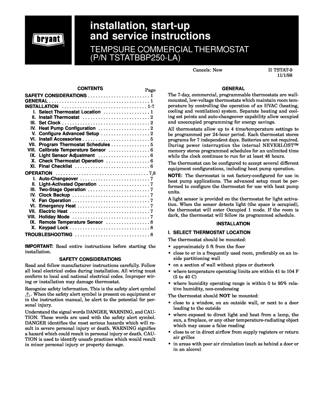 Bryant TSTATBBP250-LA instruction manual Contents, VII. Program Thermostat Schedules, VIII. Calibrate Temperature Sensor 