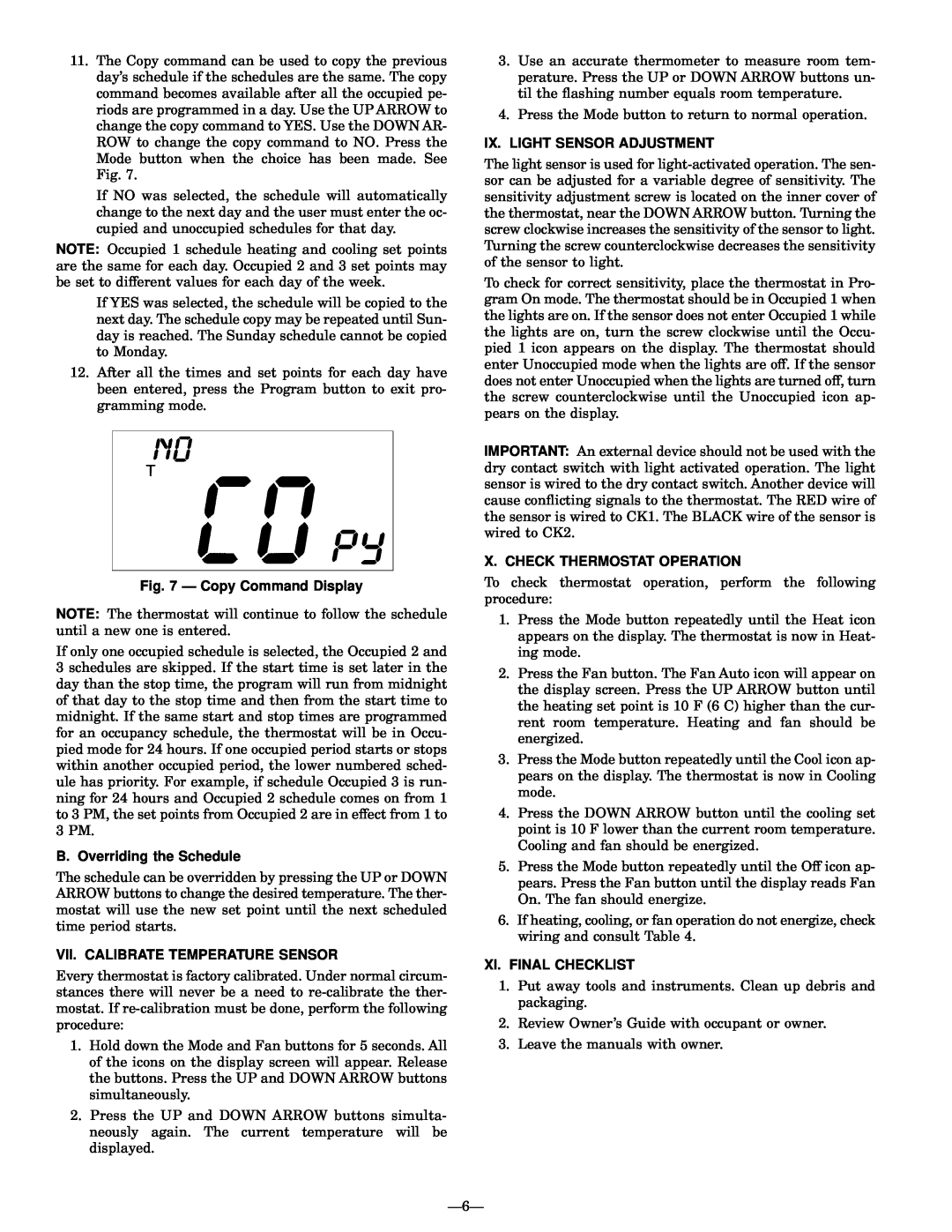 Bryant TSTATBBP250-LA Ð Copy Command Display, B. Overriding the Schedule, Vii. Calibrate Temperature Sensor 