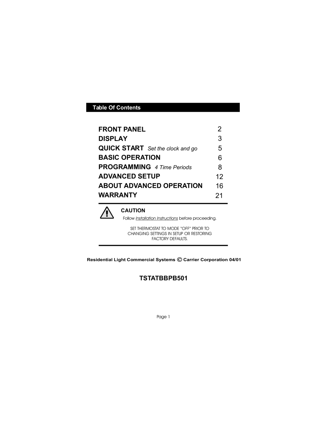 Bryant TSTATBBPB501 manual Advanced Setup About Advanced Operation Warranty, Table Of Contents 