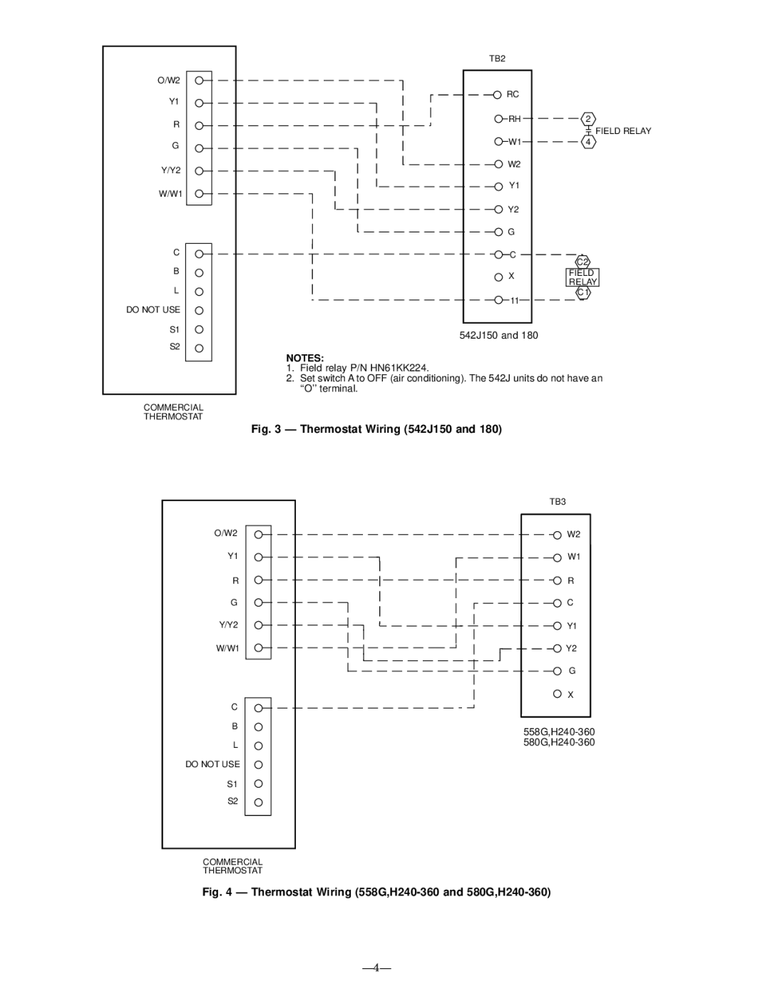 Bryant TSTATBBPCM01-A instruction manual Thermostat Wiring 542J150, Thermostat Wiring 558G,H240-360 and 580G,H240-360 