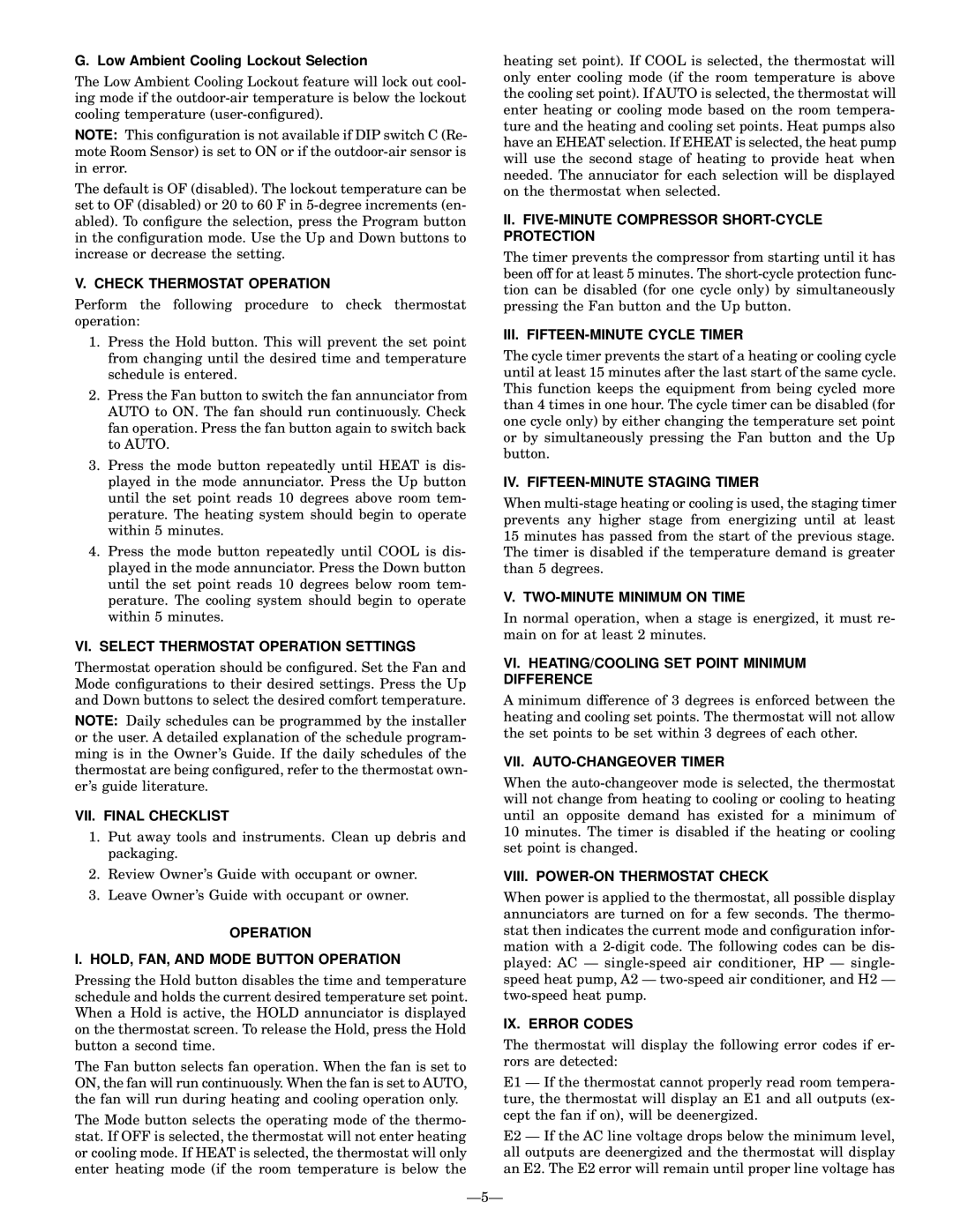 Bryant TSTATBBPCM01-A Check Thermostat Operation, VI. Select Thermostat Operation Settings, TWO-MINUTE Minimum on Time 