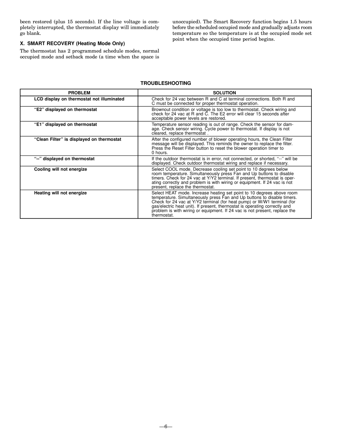 Bryant TSTATBBPCM01-A instruction manual Smart Recovery Heating Mode Only, Troubleshooting, Ð6Ð 