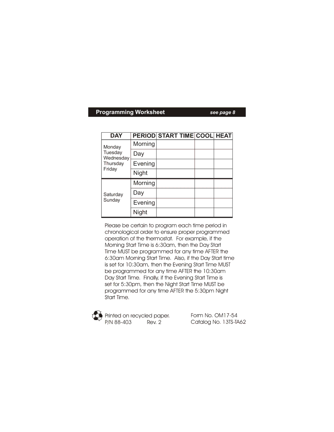 Bryant TSTATBBPQ501 manual DAY Period Start Time Cool Heat 