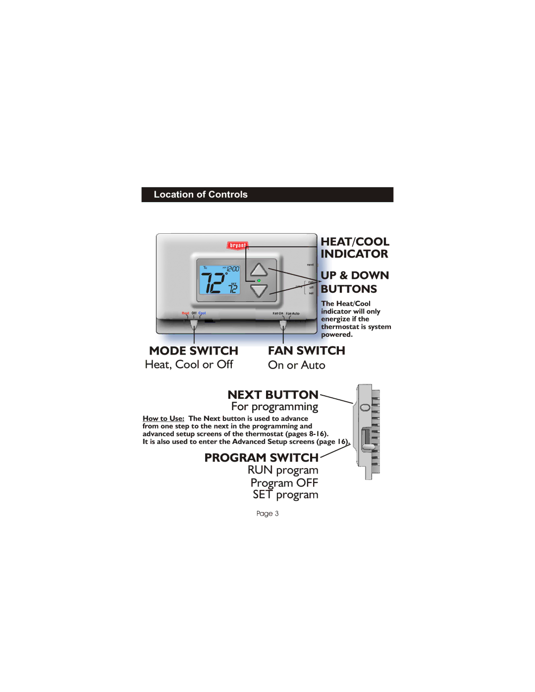 Bryant TSTATBBPQ501 manual Mode Switch FAN Switch 