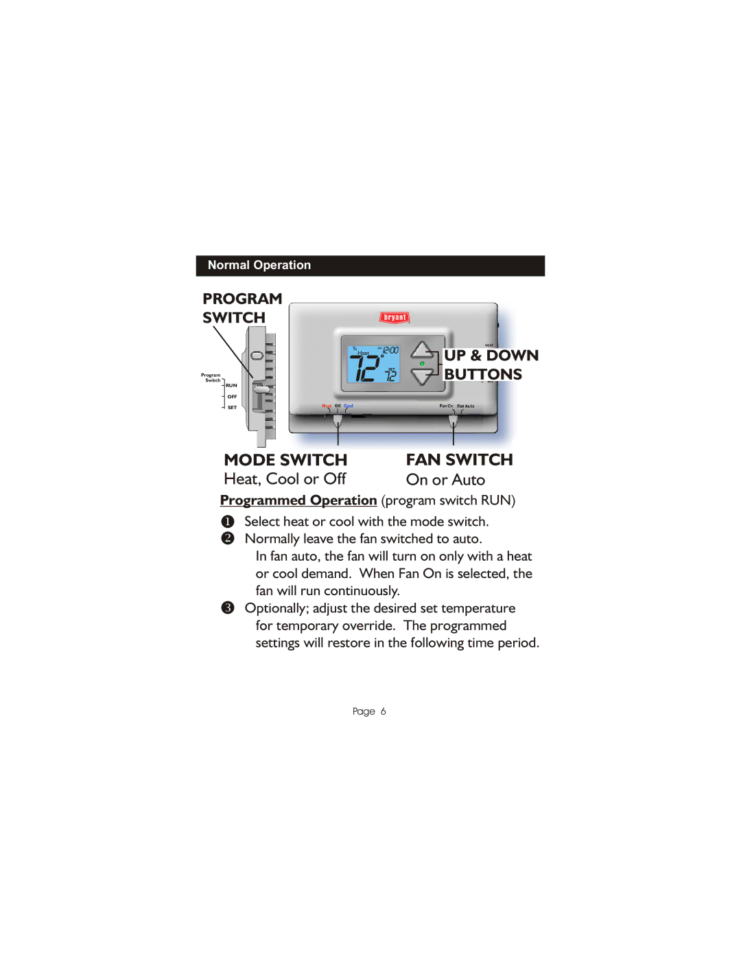 Bryant TSTATBBPQ501 manual Programmed Operation program switch RUN 