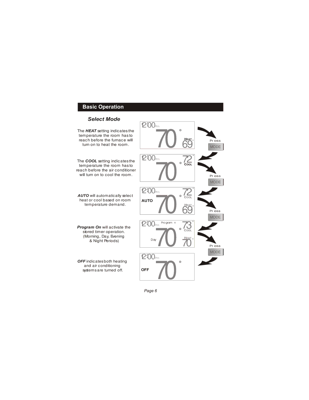 Bryant TSTATBBPRF01-B owner manual Basic Operation, Select Mode 