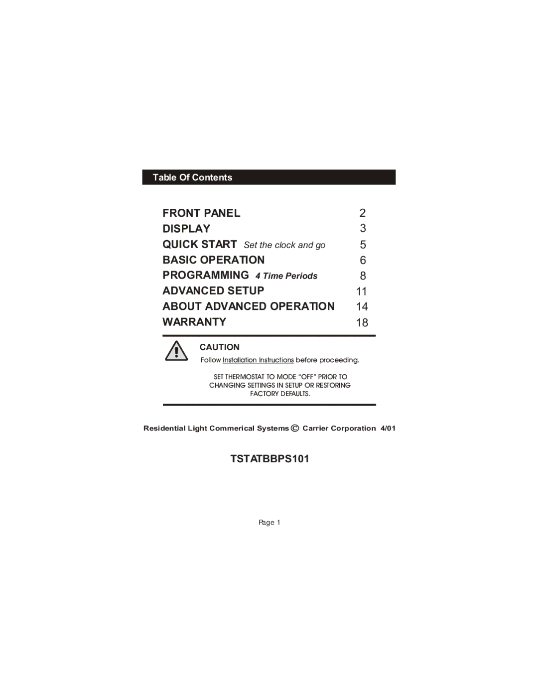 Bryant TSTATBBPS101 manual Advanced Setup About Advanced Operation Warranty, Table Of Contents 