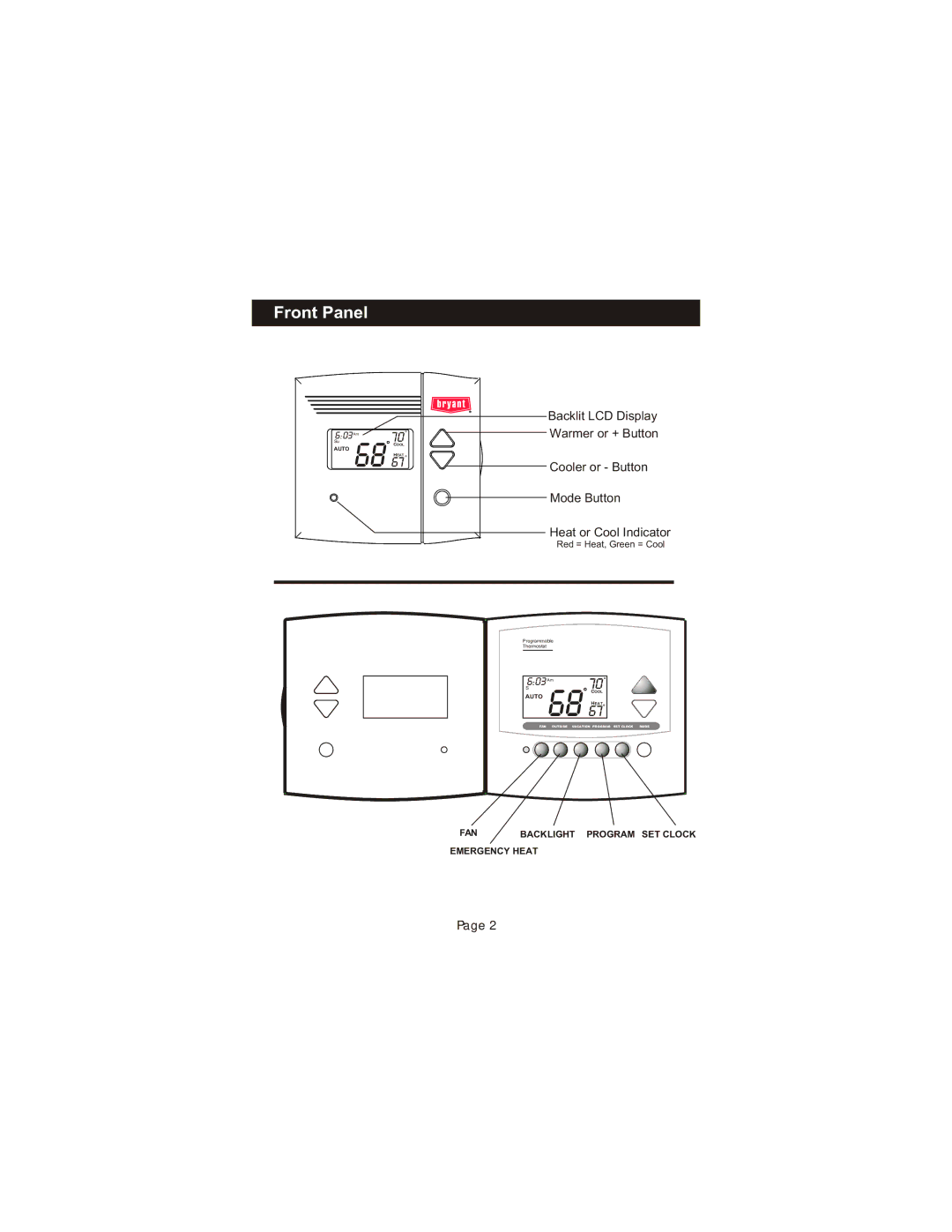 Bryant TSTATBBPS101 manual Front Panel, Mode Button 