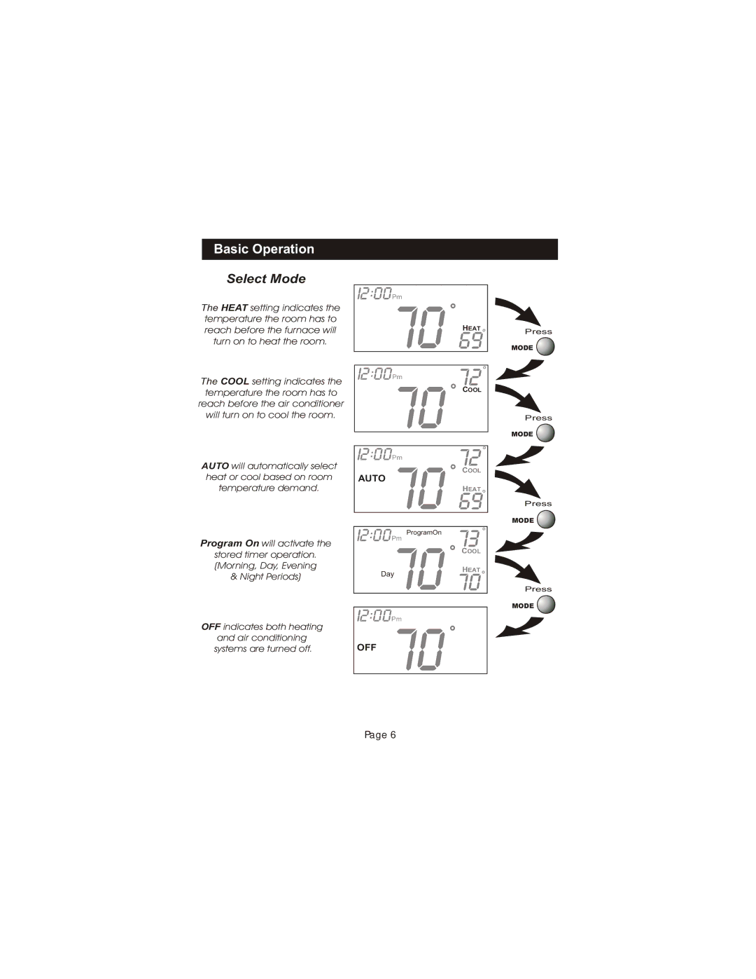 Bryant TSTATBBPS101 manual Basic Operation, Select Mode 