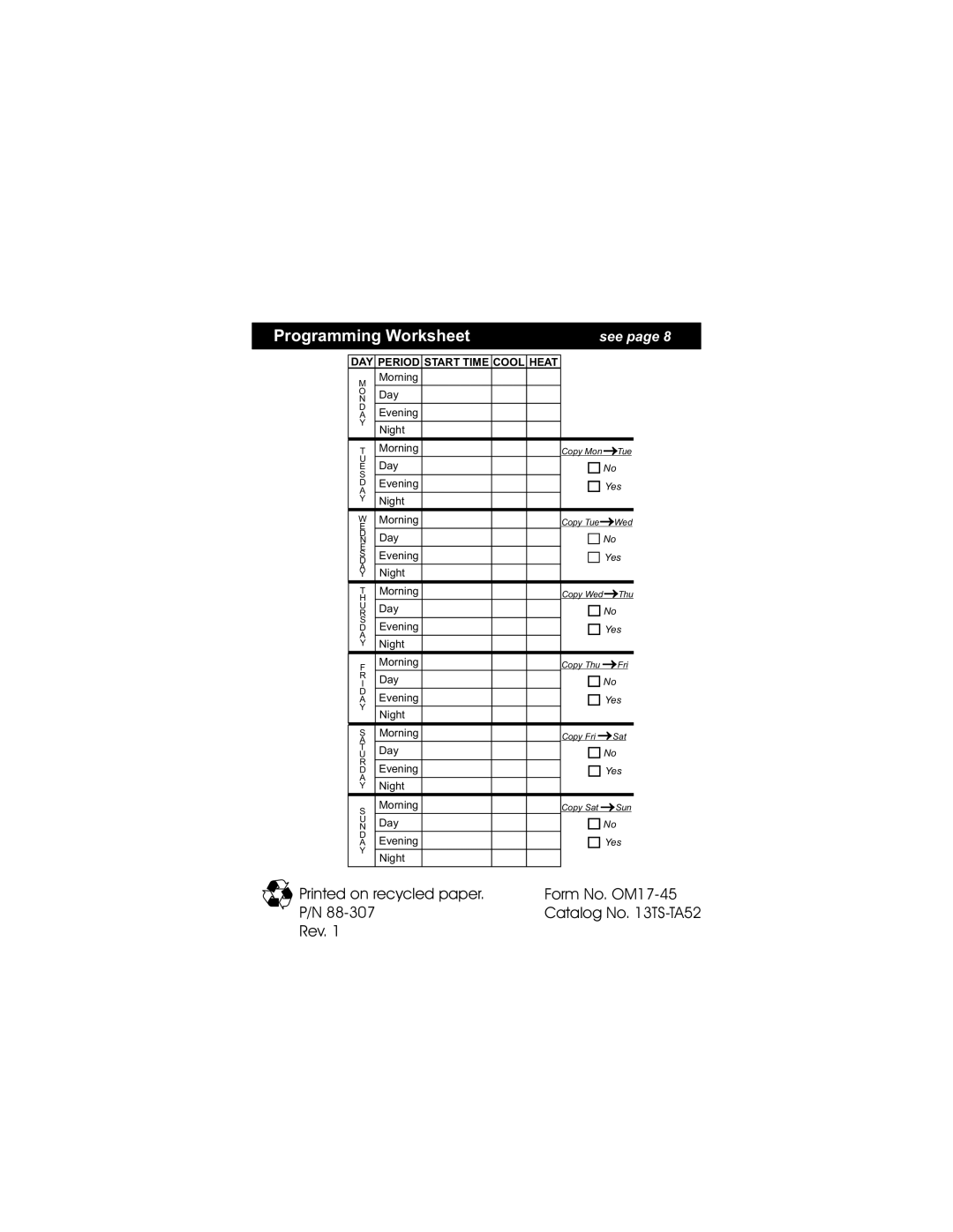 Bryant TSTATBBPS701 manual Programming Worksheet, See 