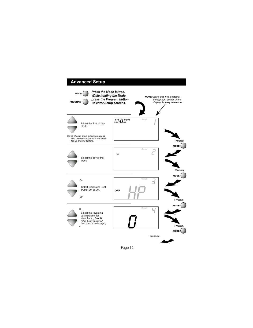 Bryant TSTATBBPS701 manual Advanced Setup, Adjust the time of day clock 