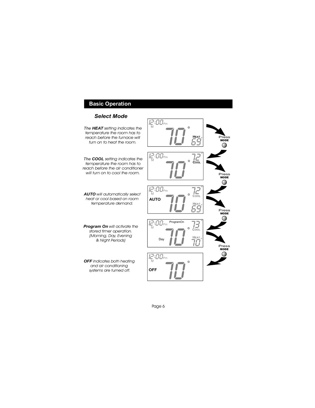 Bryant TSTATBBPS701 manual Basic Operation, Select Mode 