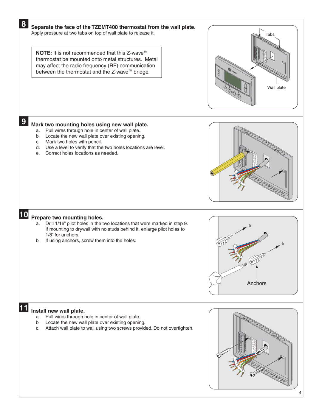 Bryant TZEMT400AB32MAA Mark two mounting holes using new wall plate, Prepare two mounting holes, Install new wall plate 