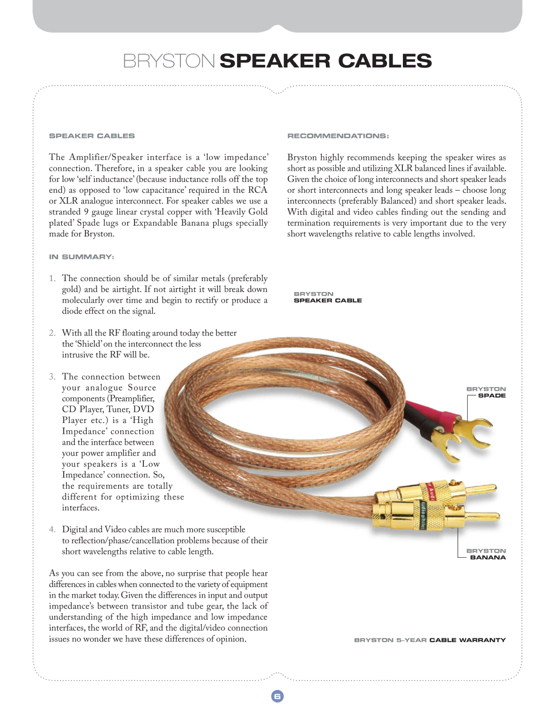 Bryston 10B LR manual Bryston Speaker Cables 