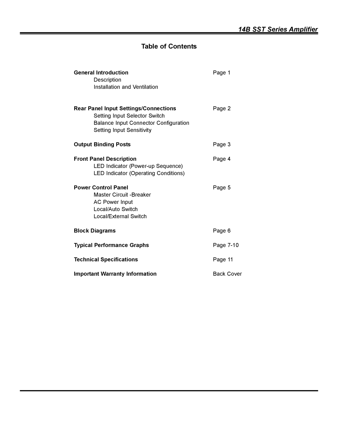 Bryston owner manual 14B SST Series Amplifier, Table of Contents 