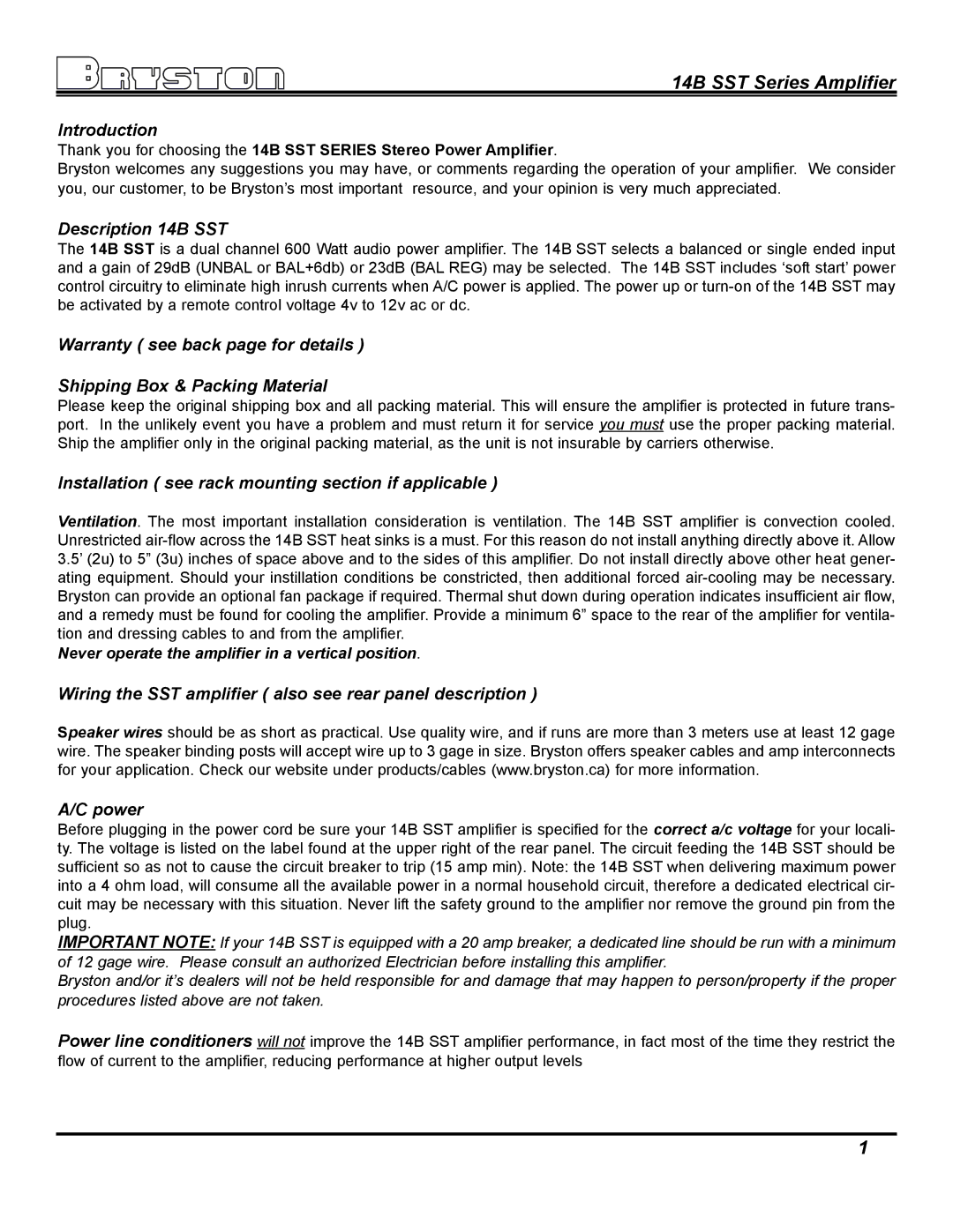 Bryston 14B SST owner manual Introduction, Never operate the amplifier in a vertical position 