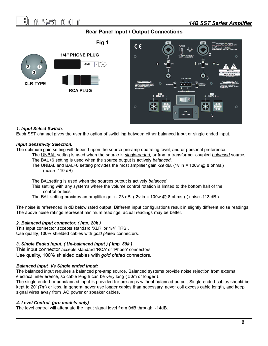 Bryston 14B SST owner manual Rear Panel Input / Output Connections 