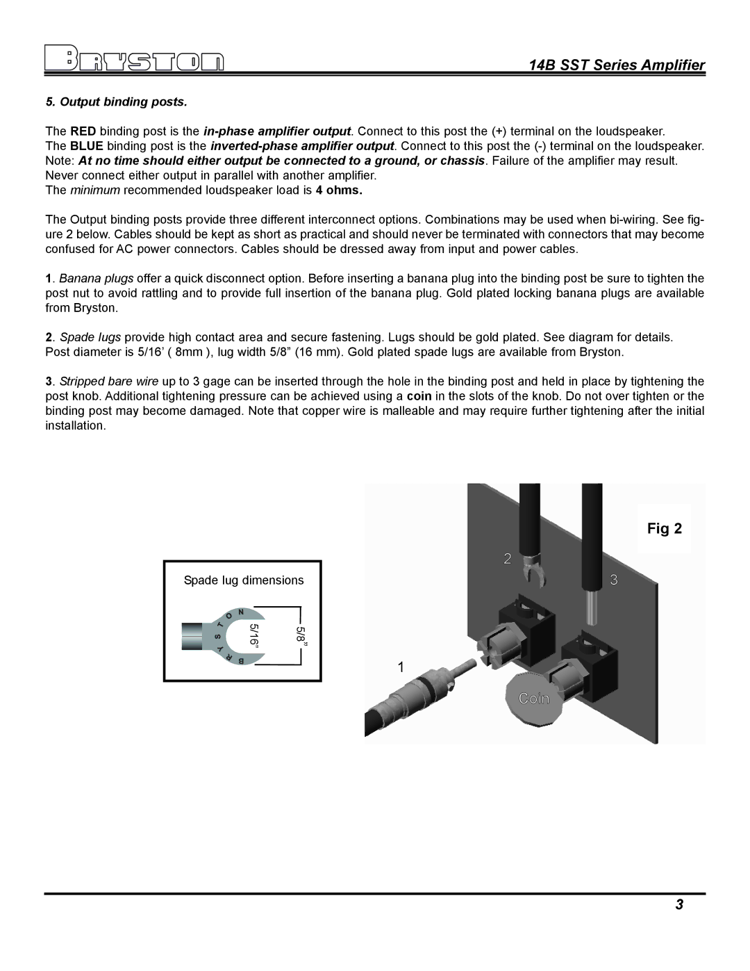 Bryston 14B SST owner manual Coin, Output binding posts 