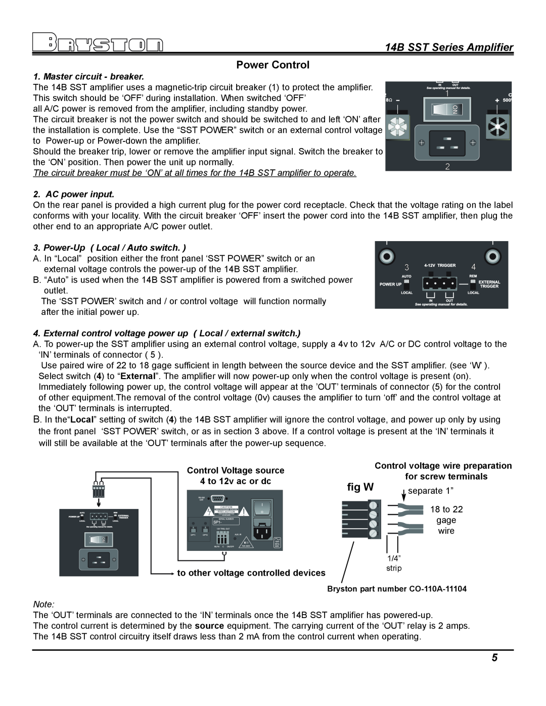 Bryston owner manual Power Control, fig W, 14B SST Series Amplifier, Master circuit - breaker, AC power input 
