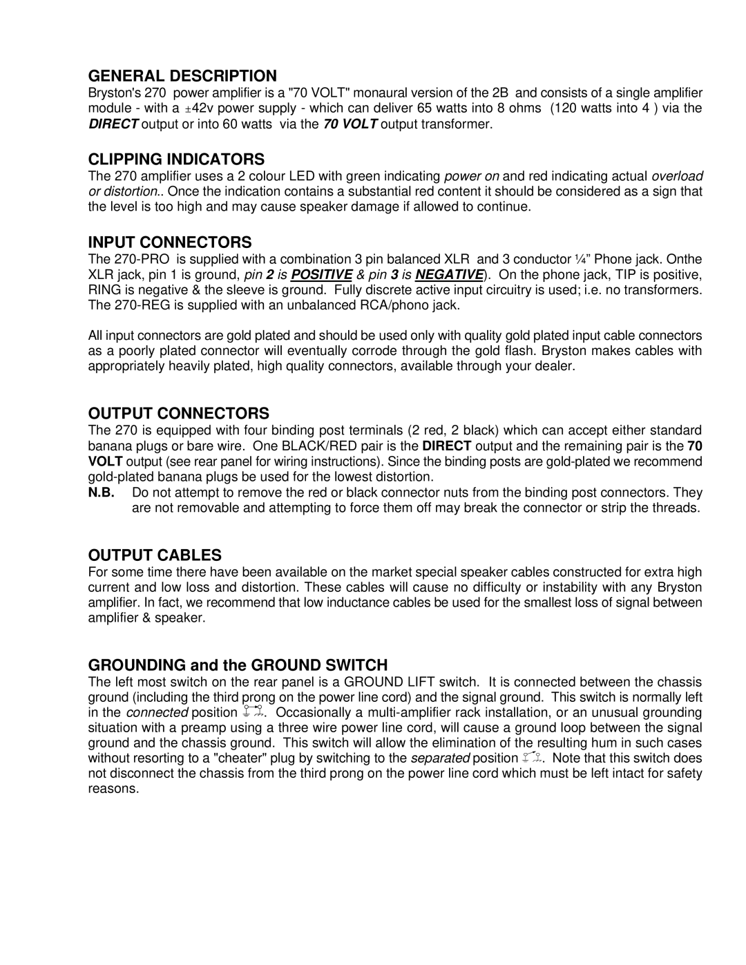 Bryston 270 manual General Description, Clipping Indicators, Input Connectors, Output Connectors, Output Cables 