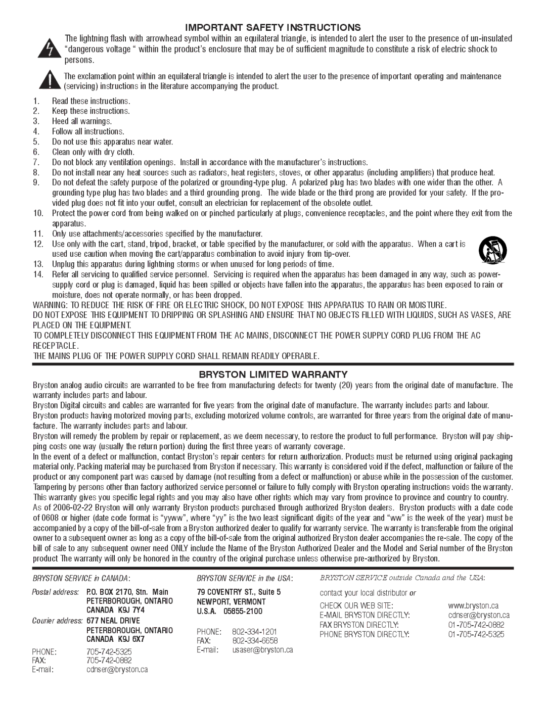 Bryston 2B-LP owner manual Important Safety Instructions, Bryston Limited Warranty 