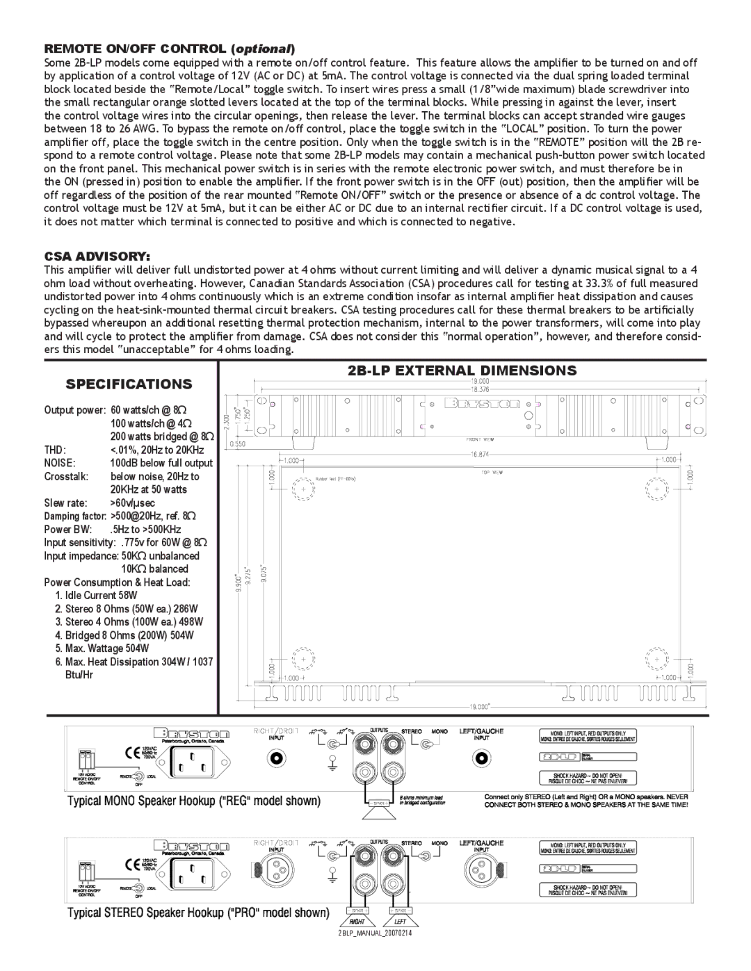 Bryston owner manual Specifications, 2B-LP External Dimensions, Remote ON/OFF Control optional, CSA Advisory 