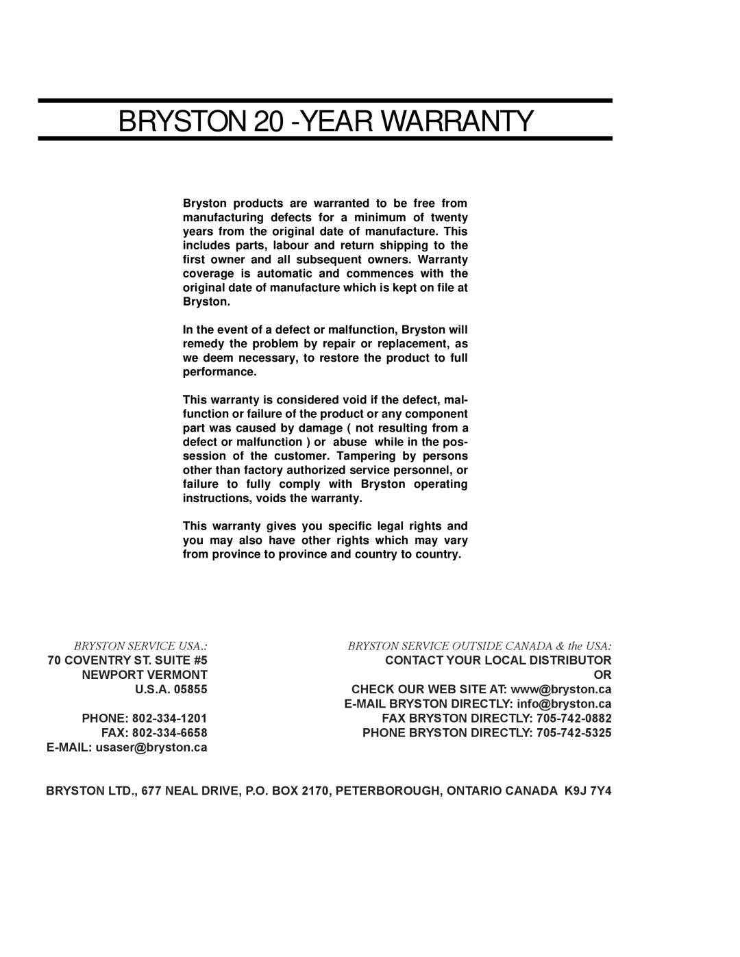 Bryston 2B owner manual BRYSTON 20 -YEARWARRANTY, Bryston Service Usa, BRYSTON SERVICE OUTSIDE CANADA & the USA 