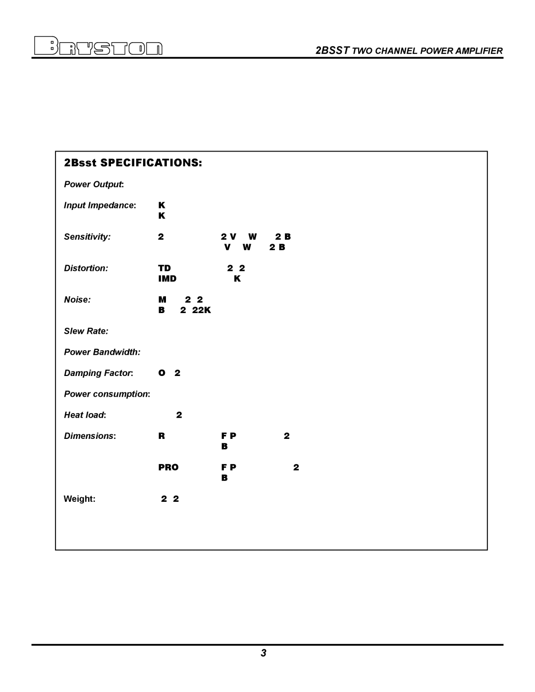 Bryston 2BSST owner manual 2Bsst Specifications 