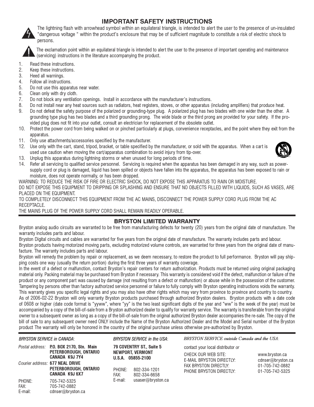 Bryston 2BSST owner manual Important Safety Instructions, Bryston Limited Warranty 