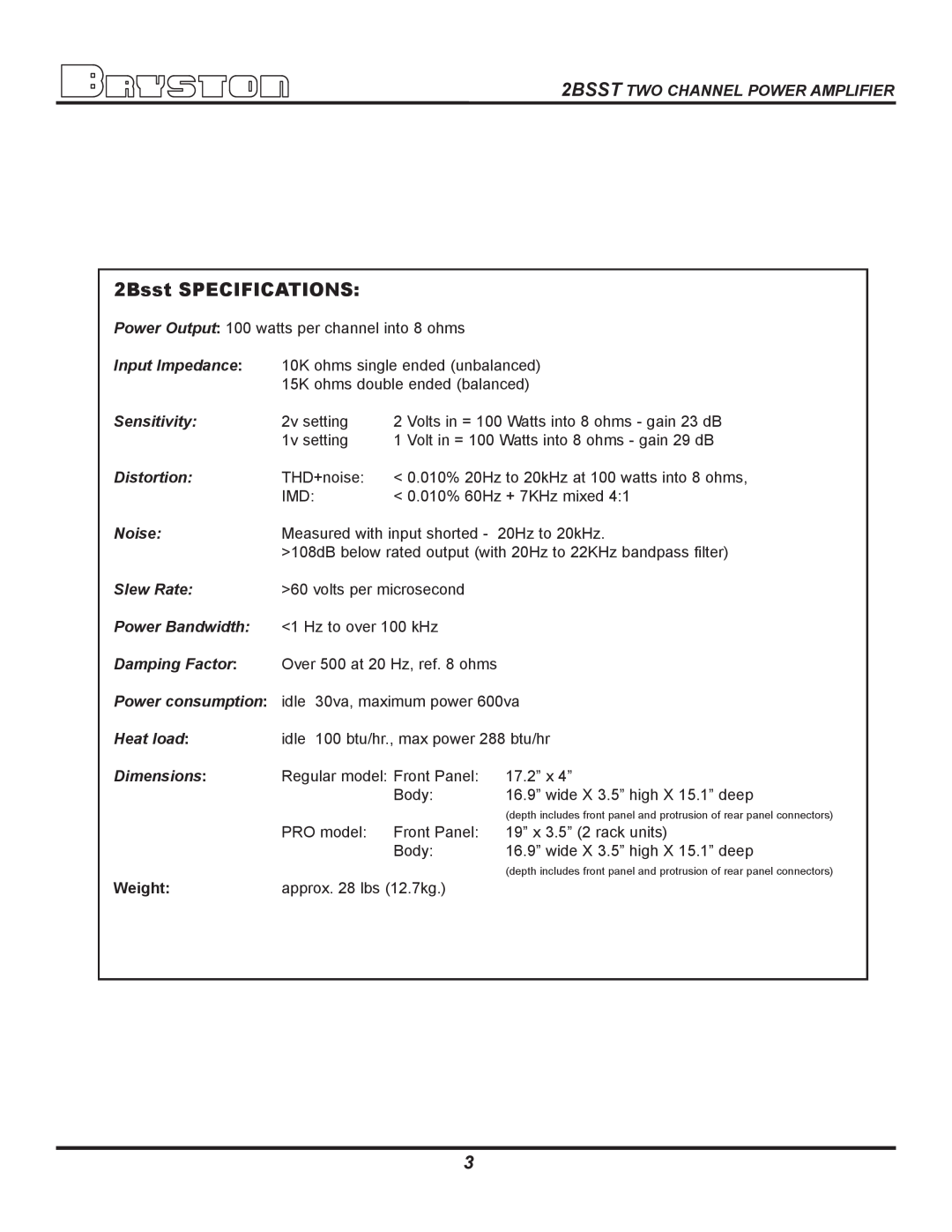 Bryston 2BSST owner manual 2Bsst SPECIFICATIONS, Weight 