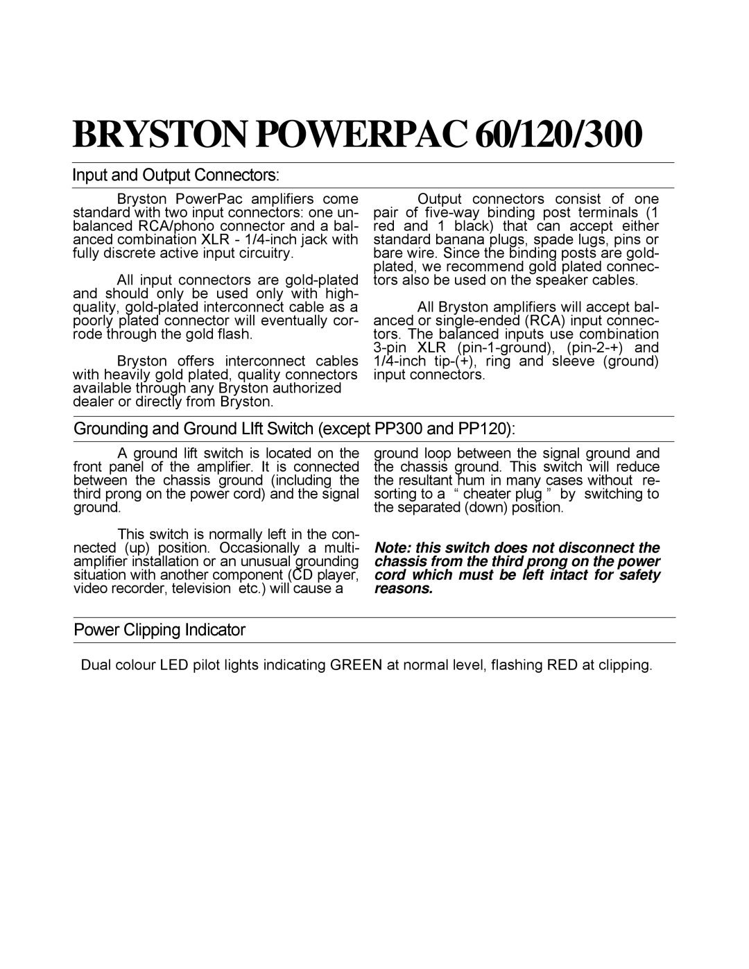 Bryston owner manual Bryston Powerpac 60/120/300, Input and Output Connectors, Power Clipping Indicator 