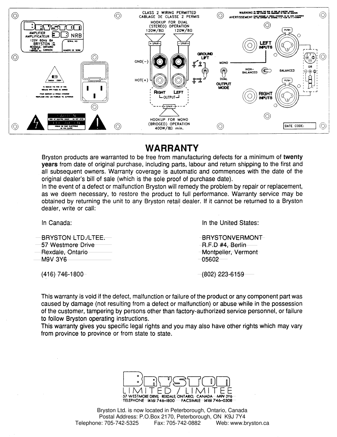 Bryston 3B-NRB owner manual Telephone Fax 