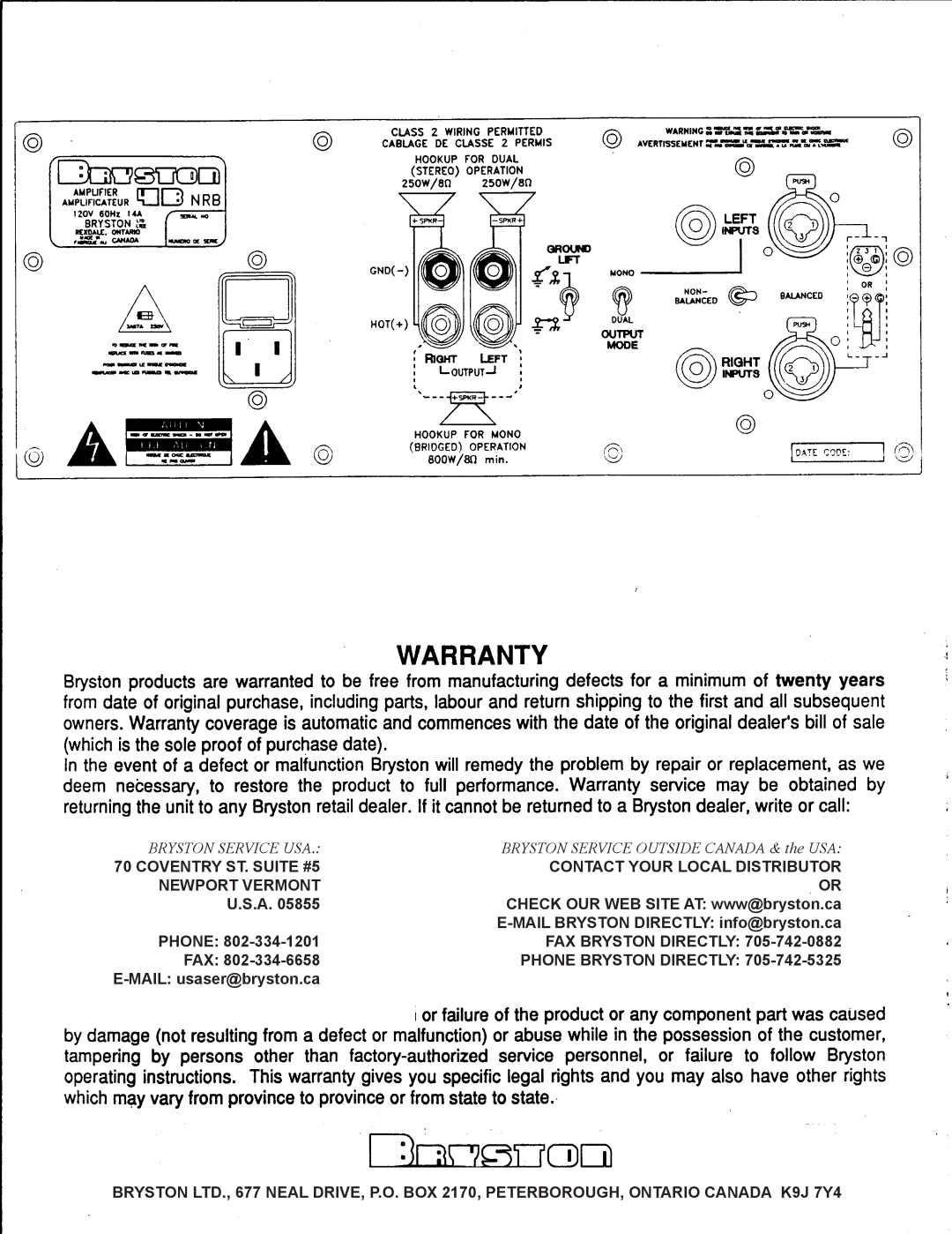 Bryston 4B NRB, 4B NPB owner manual FAX Bryston Directly 